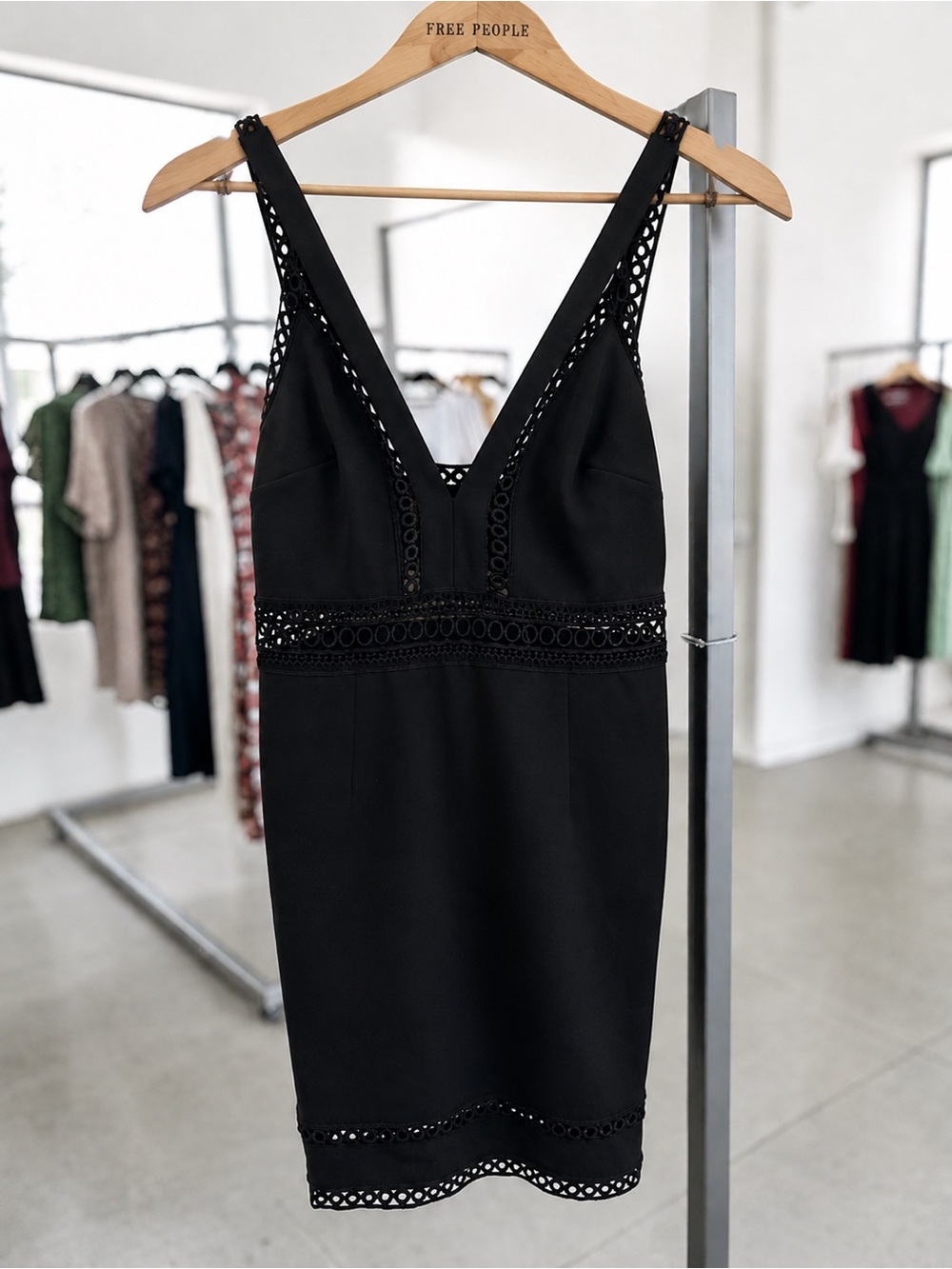 NWT Free People Iris Mini Dress Black Crochet Trim Bodycon Size 6